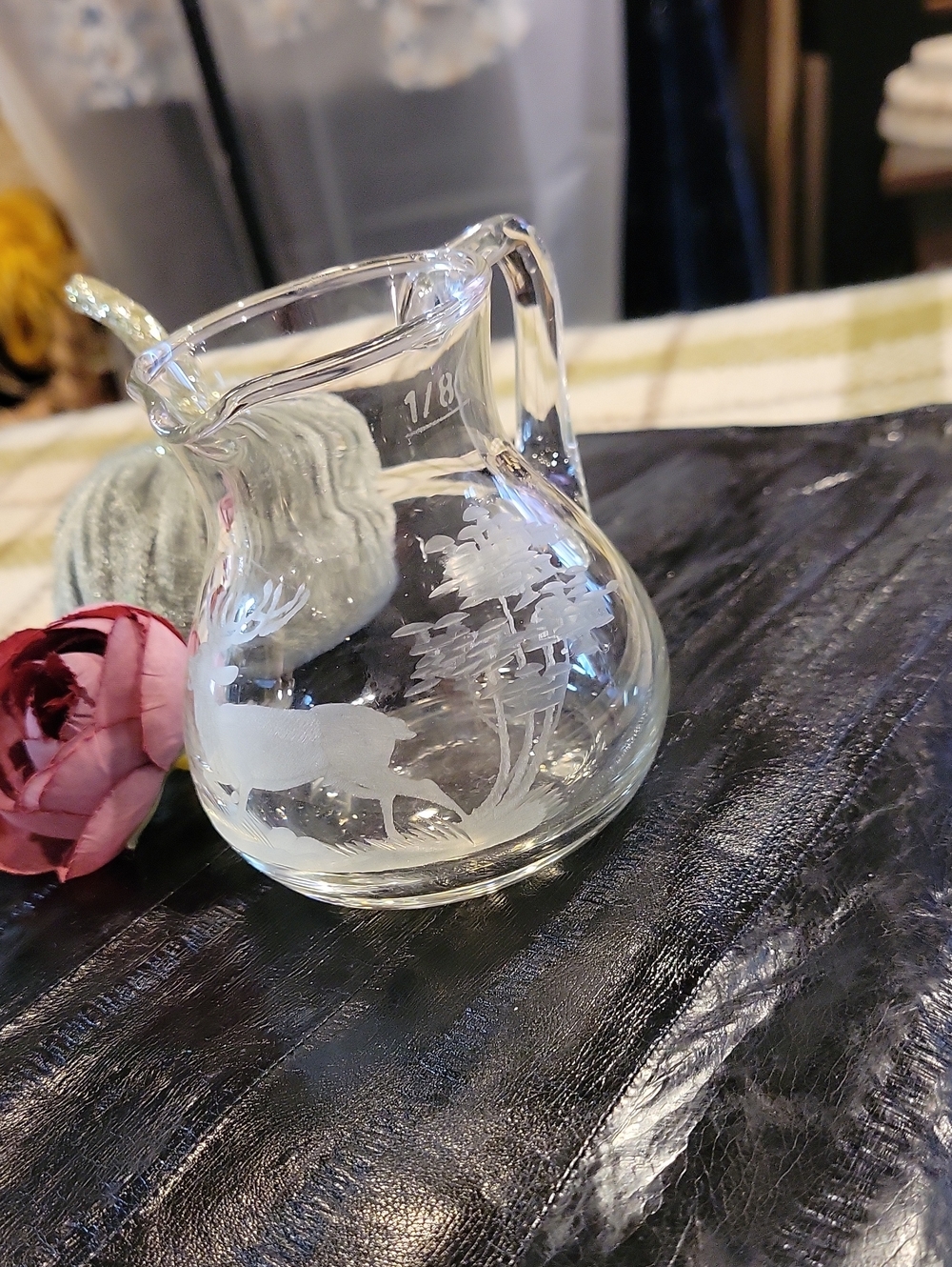 Mini Pitcher,Etched W/ Elk,Tree,Gorgeous!